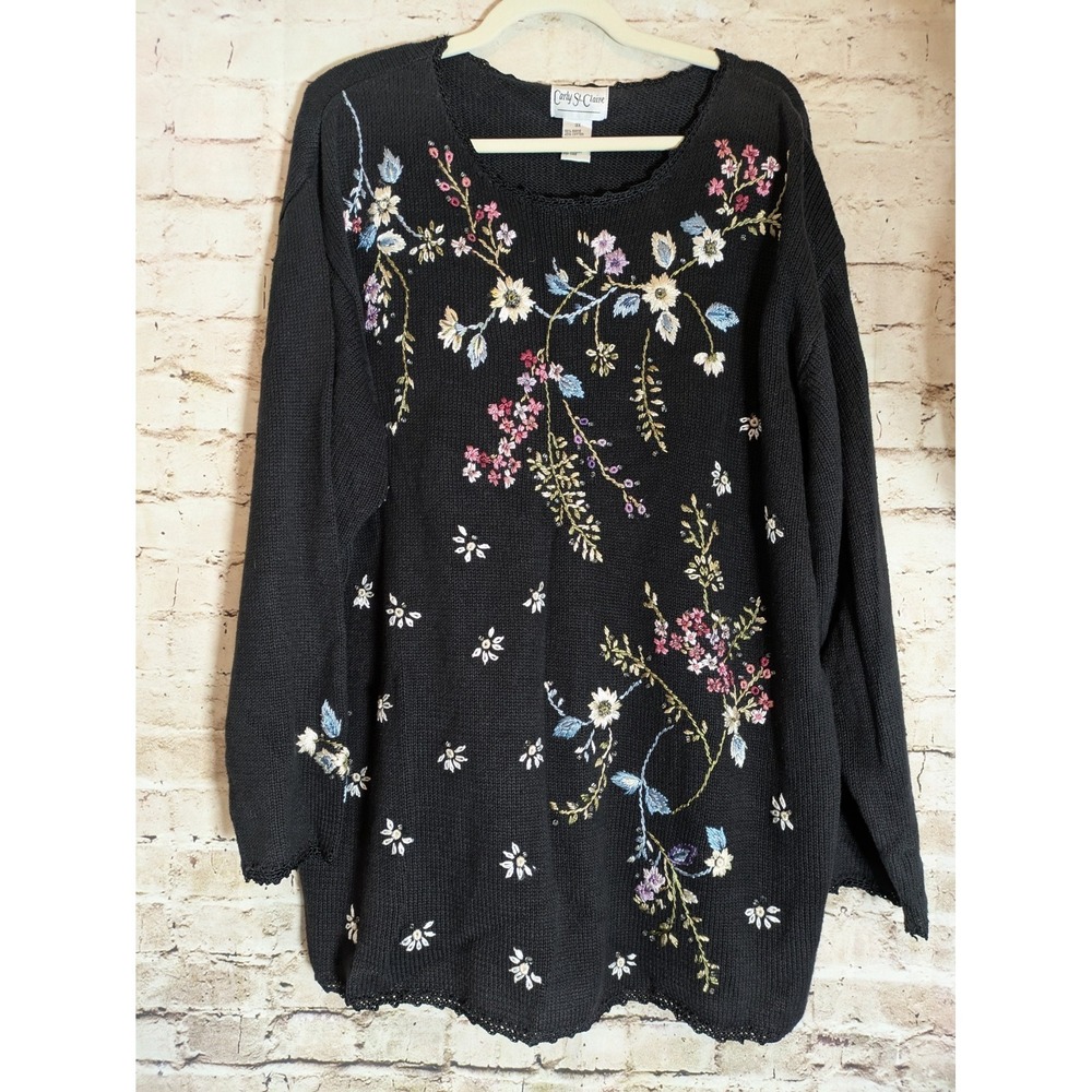 Vintage Carly St Claire Black Floral Hand Embroidered Sweater Plus 3X Cottage